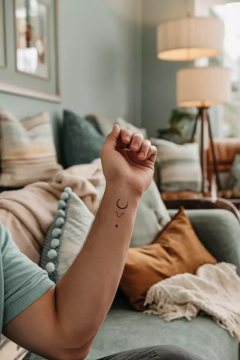 A close-up photo of a man showing his elegant Venus symbol tattoo on his wrist, representing love and beauty against the backdrop of a cozy living room filled with soft fabrics and calming colors for an understated yet meaningful vibe.
