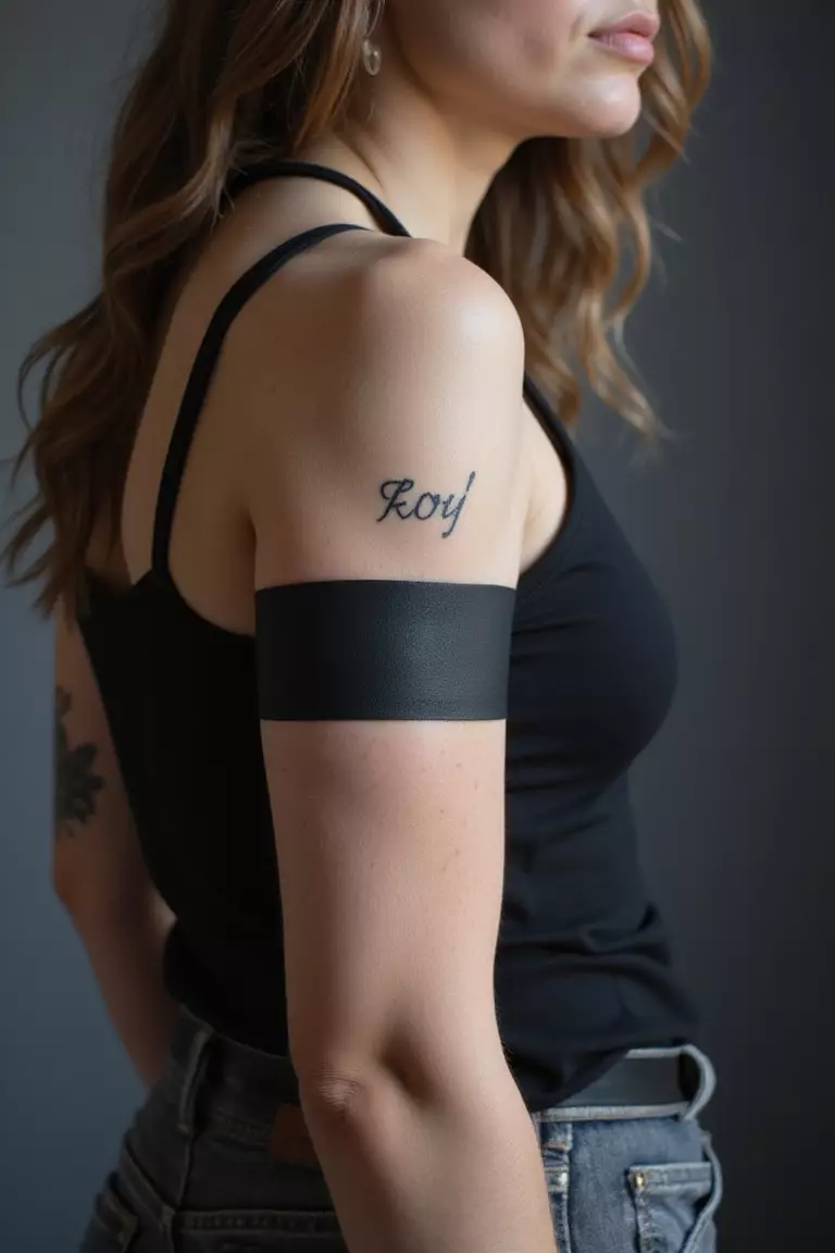 A close-up shot of a woman showing her black ink blackout sleeve section tattoo design featuring a solid band of black ink on her arm