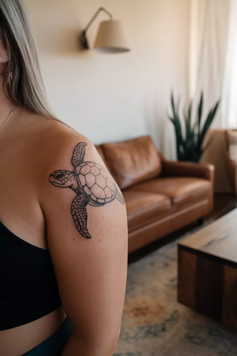 A close-up photo of a woman showing her upper arm tattoo with a swimming sea turtle, living room background.
