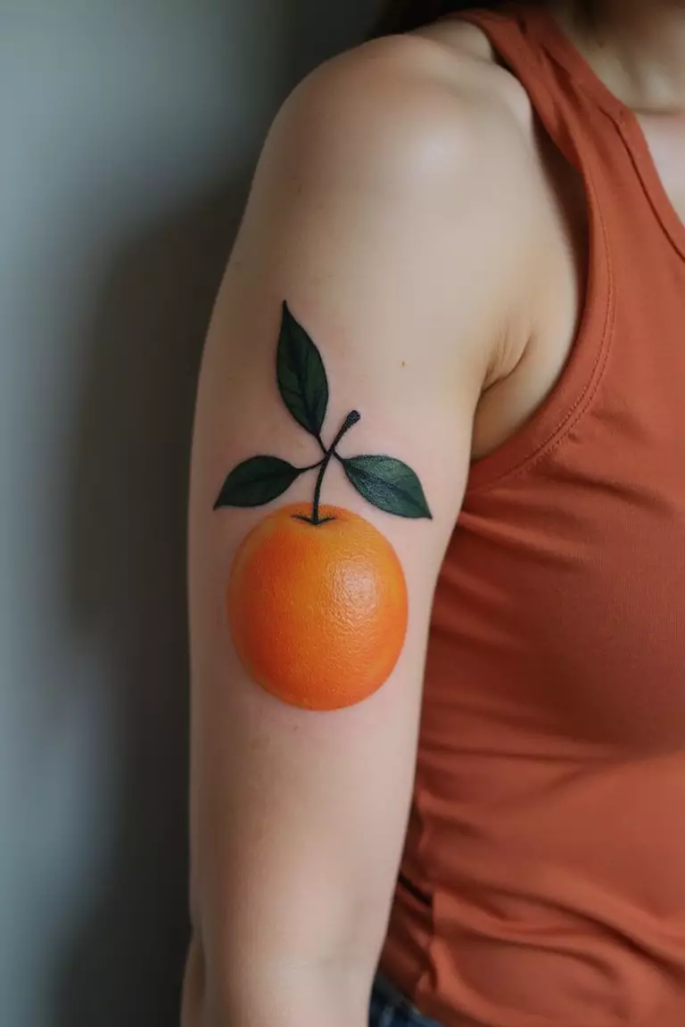 A close-up shot of a woman showing her black ink bright orange fruit tattoo on her arm