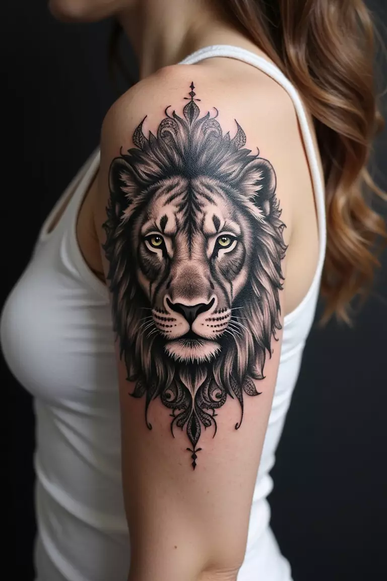 A close-up shot of a woman's arm with a black ink tattoo of a lion's face merged with intricate mandala patterns.