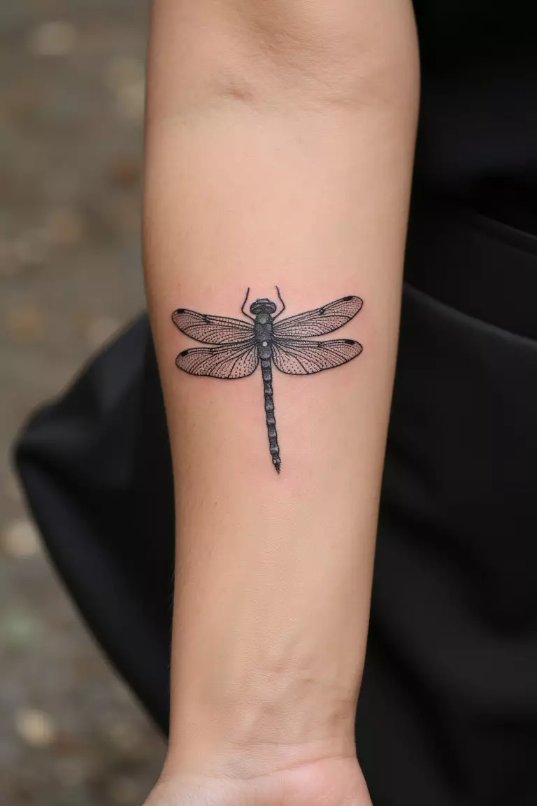 A close up shot of woman's arm with a black ink minimalist dragonfly with Japanese patterns tattoo  