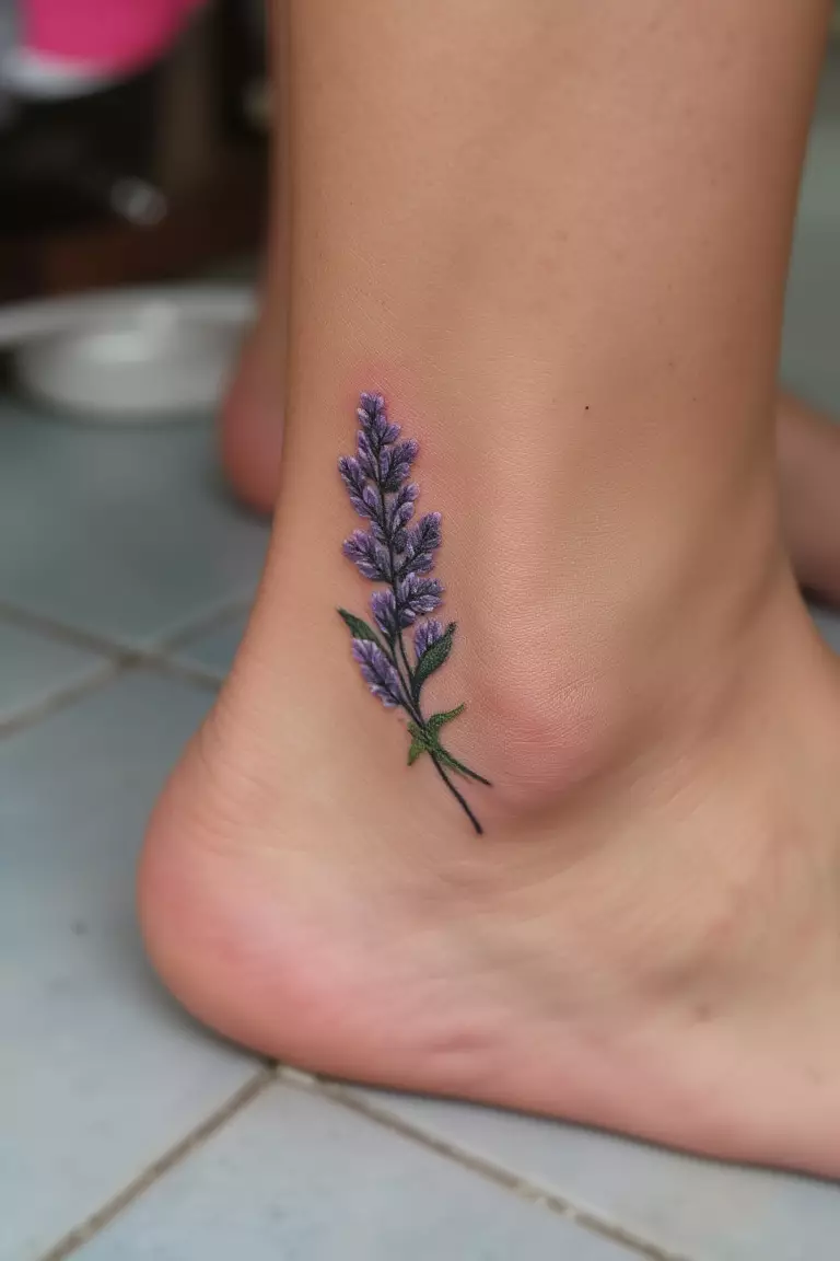 A close up shot of woman's ankle with a lavender tattoo  