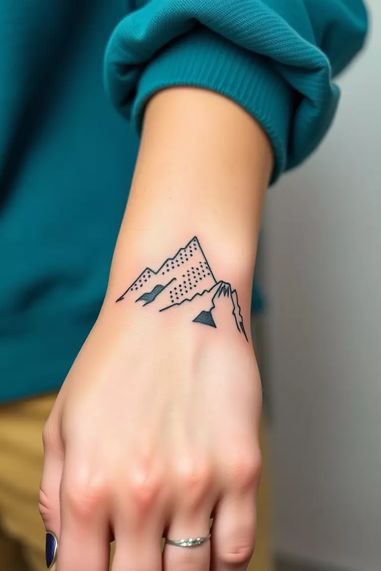 A photo of a woman with a mountain tattoo in dot art style on her wrist, highlighting intricate dot patterns.  