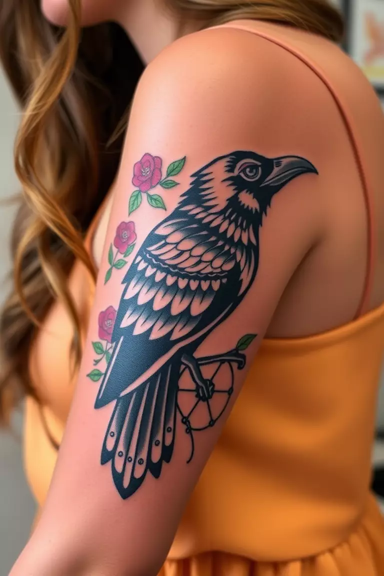 A photo of a woman with a Day of the D.e.a.d crow design tattoo on her arm, filled with vibrant colors and festive elements.  