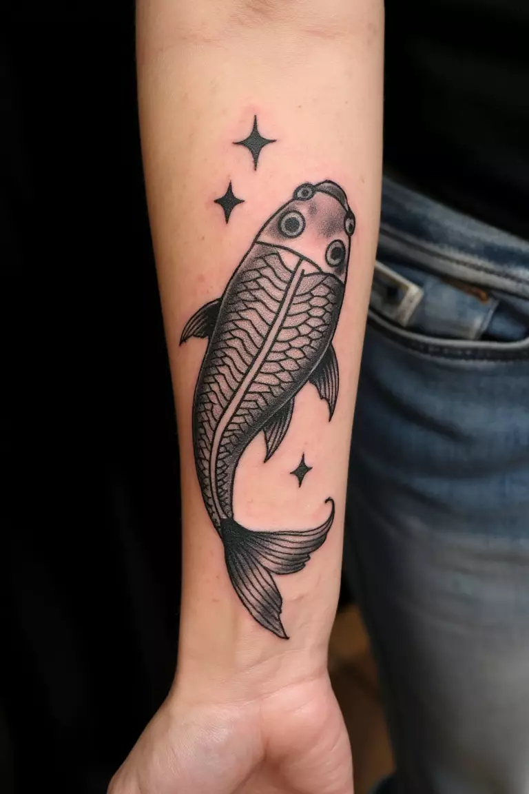 A close up shot of woman's arm with a black ink geometric koi fish design tattoo  