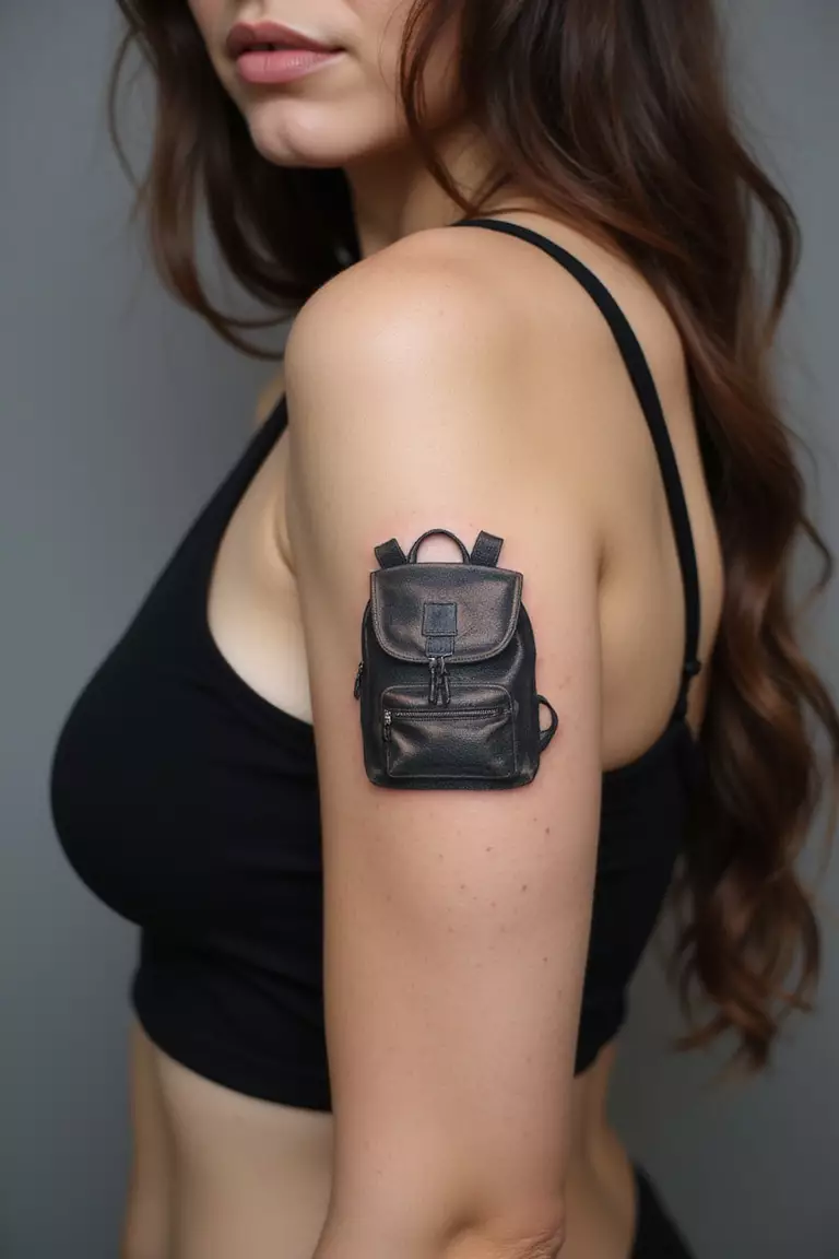 A close-up shot of a woman showing her black ink backpack tattoo design on her arm