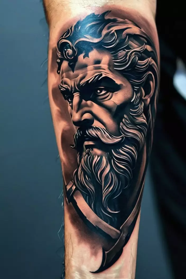 A close-up photo of a man showing his Zeus in shadows arm tattoo, utilizing dark tones and shadow play to highlight Zeus's figure.  