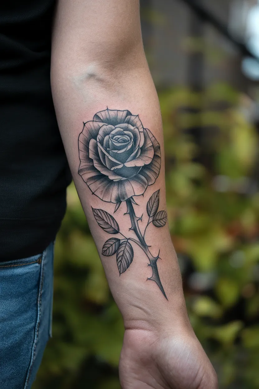 Forearm Tattoo of Black Rose With Linework Shading