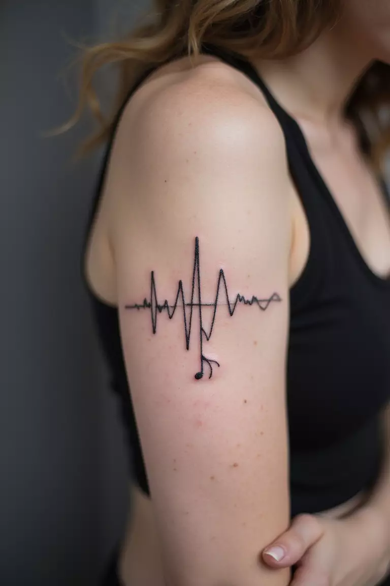 A close-up shot of a woman showing her black ink heartbeat line (ECG) integrating a musical note tattoo on her arm.