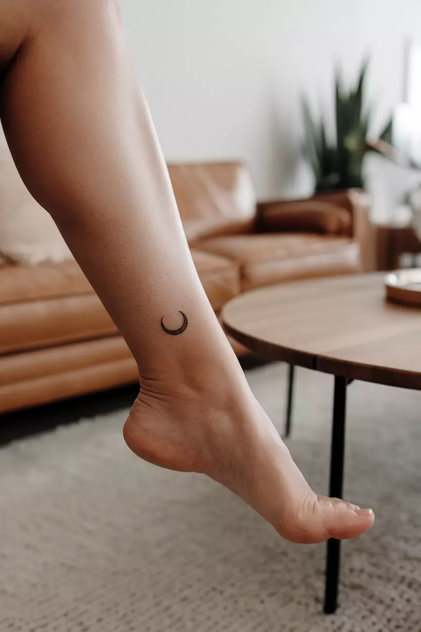 A close-up photo of a woman showing her ankle with an extremely tiny, almost microscopic crescent moon tattoo, tattoo design, living room background