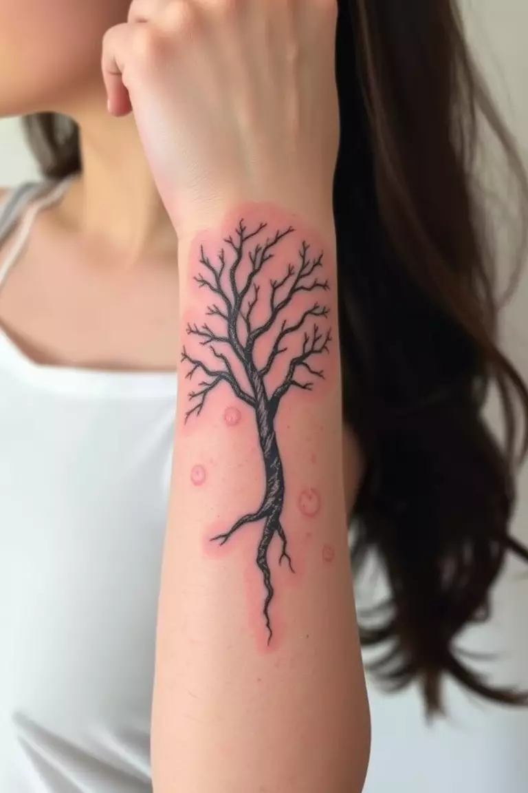 A photo of a woman displaying a poison tree tattoo on her forearm.