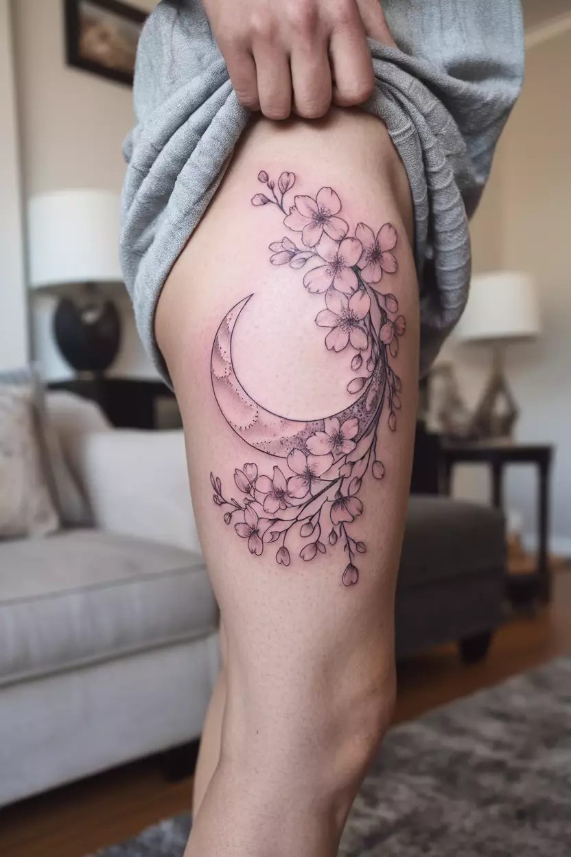 A close-up photo of a woman showing her upper thigh with a crescent moon tattoo surrounded by delicate cherry blossom flowers, tattoo design, living room background