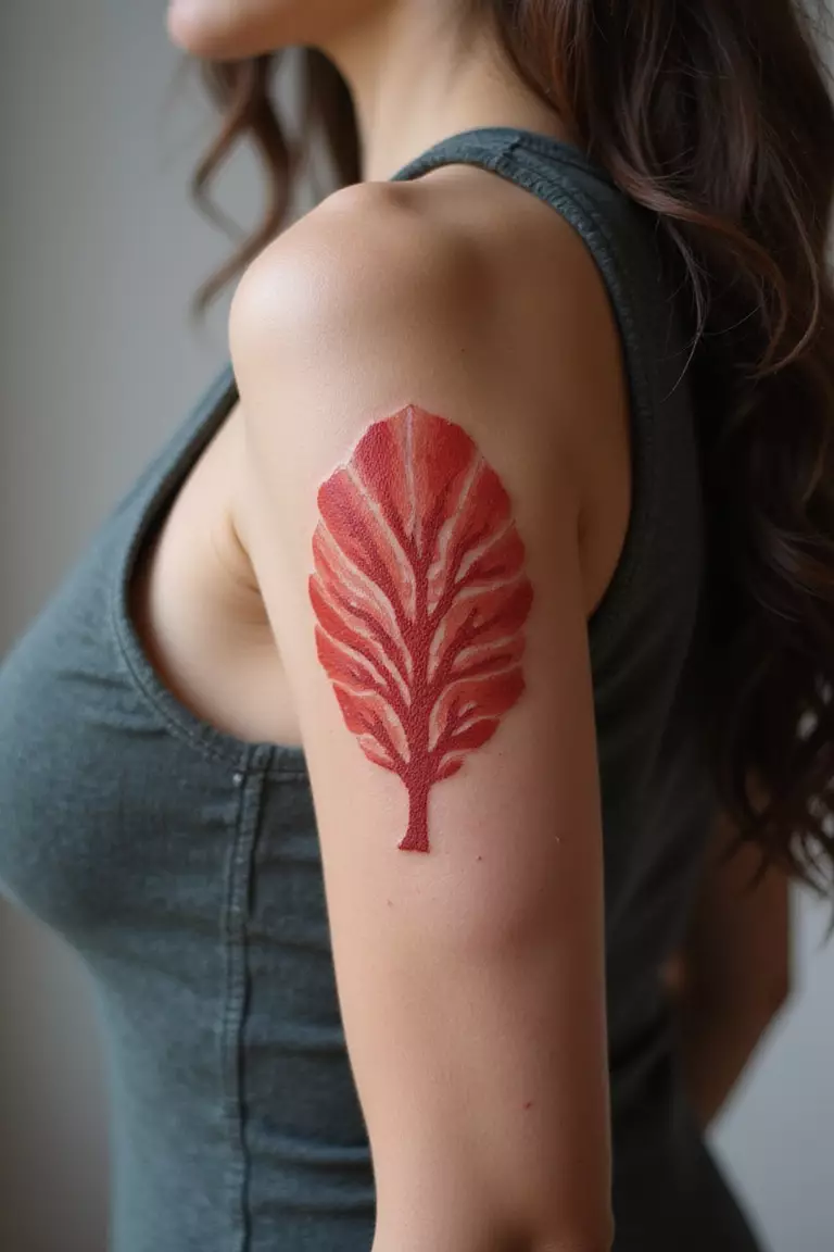 A close-up shot of a woman showing her realistic red fan coral tattoo design on her arm