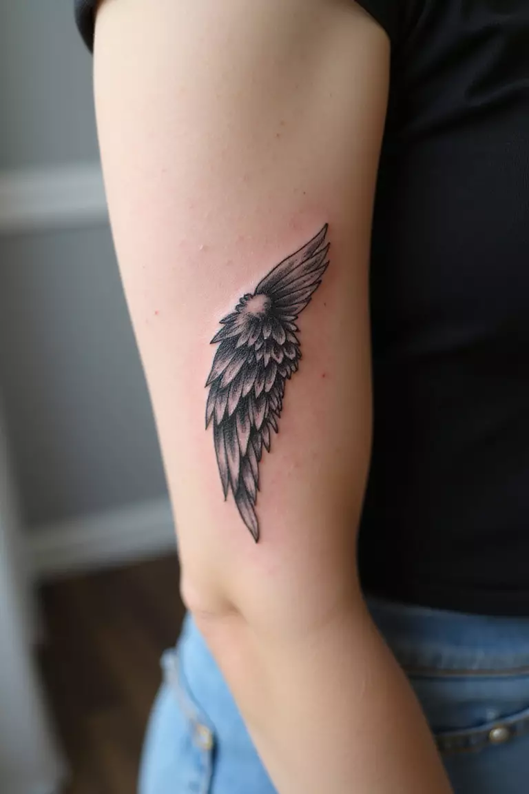 Single Angel Wing A close-up shot of a woman's arm with a black ink tattoo of a single angel wing.