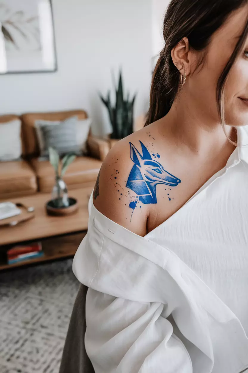 Watercolor Anubis on Forearm Tattoo A photo of a woman with a watercolor Anubis tattoo, living room background