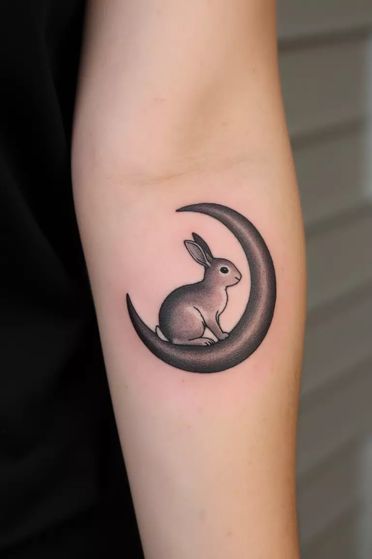 A close up shot of woman's arm with a black ink bunny sitting on a moon tattoo  