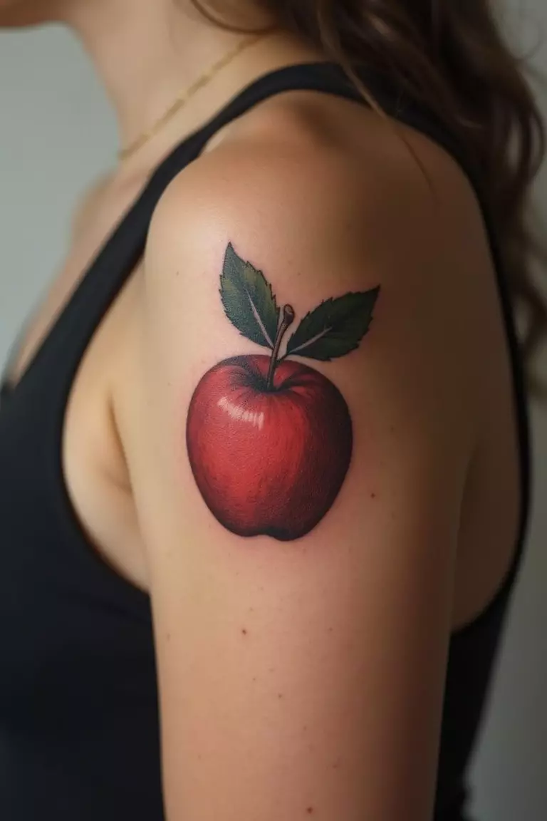 A close-up shot of a woman showing her black ink crisp apple tattoo on her arm