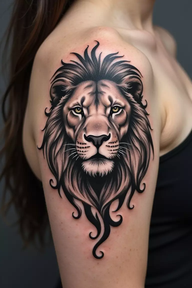 A close-up shot of a woman's arm with a black ink tattoo of a lion's head formed by bold tribal patterns and swirls.