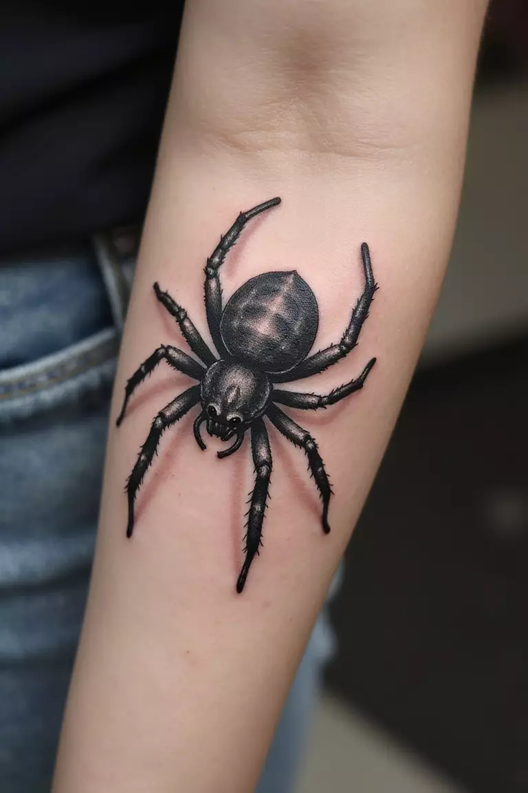 A close-up shot of a woman's arm with a black and grey ink tattoo of a very realistic-looking spider with detailed texture and shading, appearing almost three-dimensional.