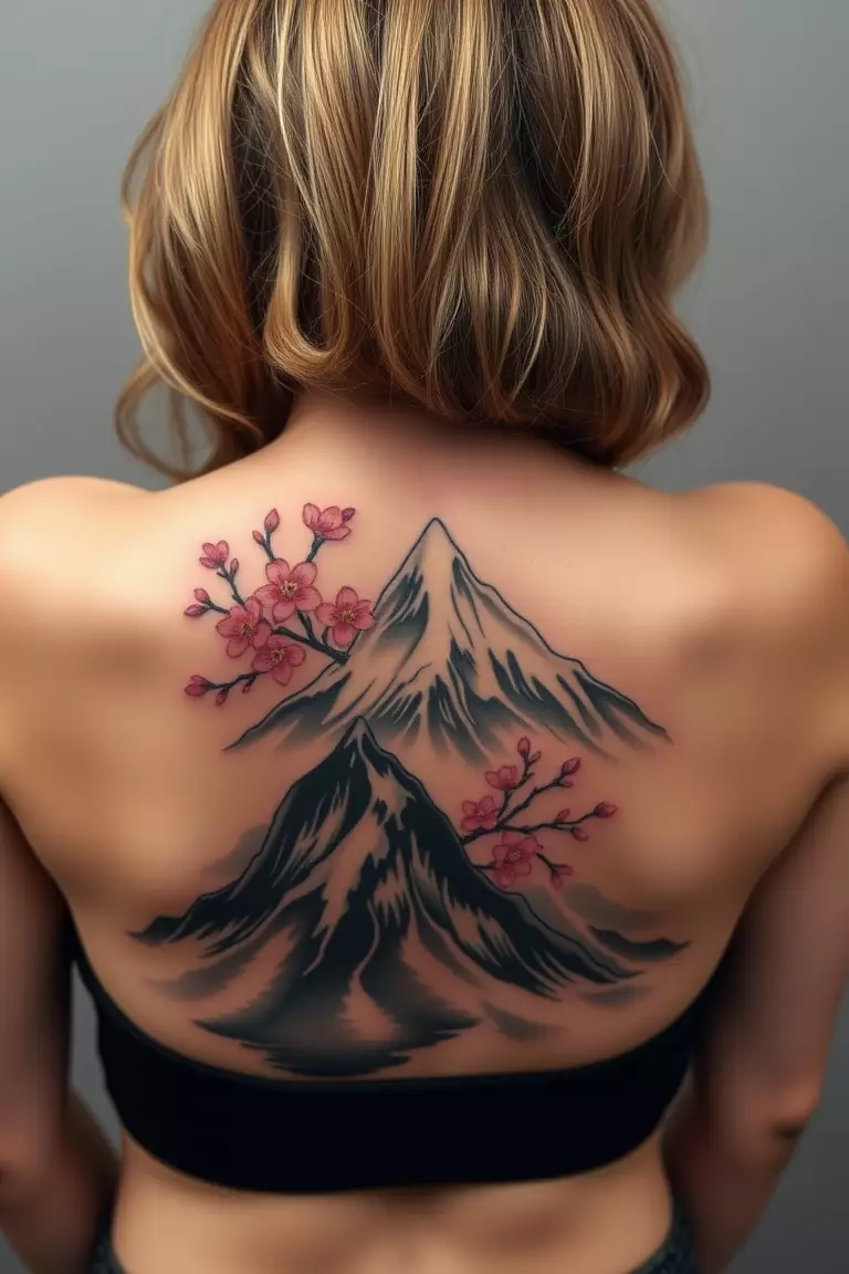 A photo of a woman with a Japanese style mountain tattoo on her back, showcasing cherry blossoms around the peaks.  