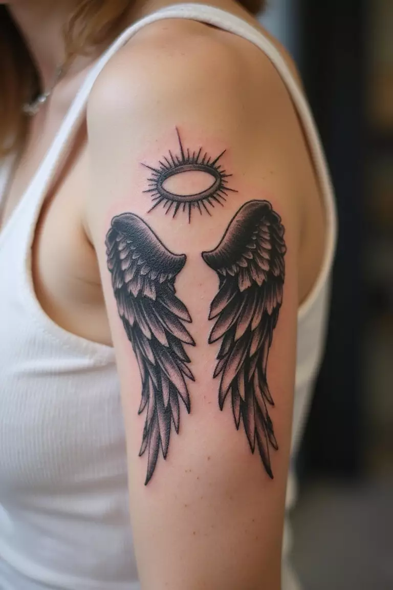 Angel Wings with Halo A close-up shot of a woman's arm with a black ink tattoo of angel wings with a halo.