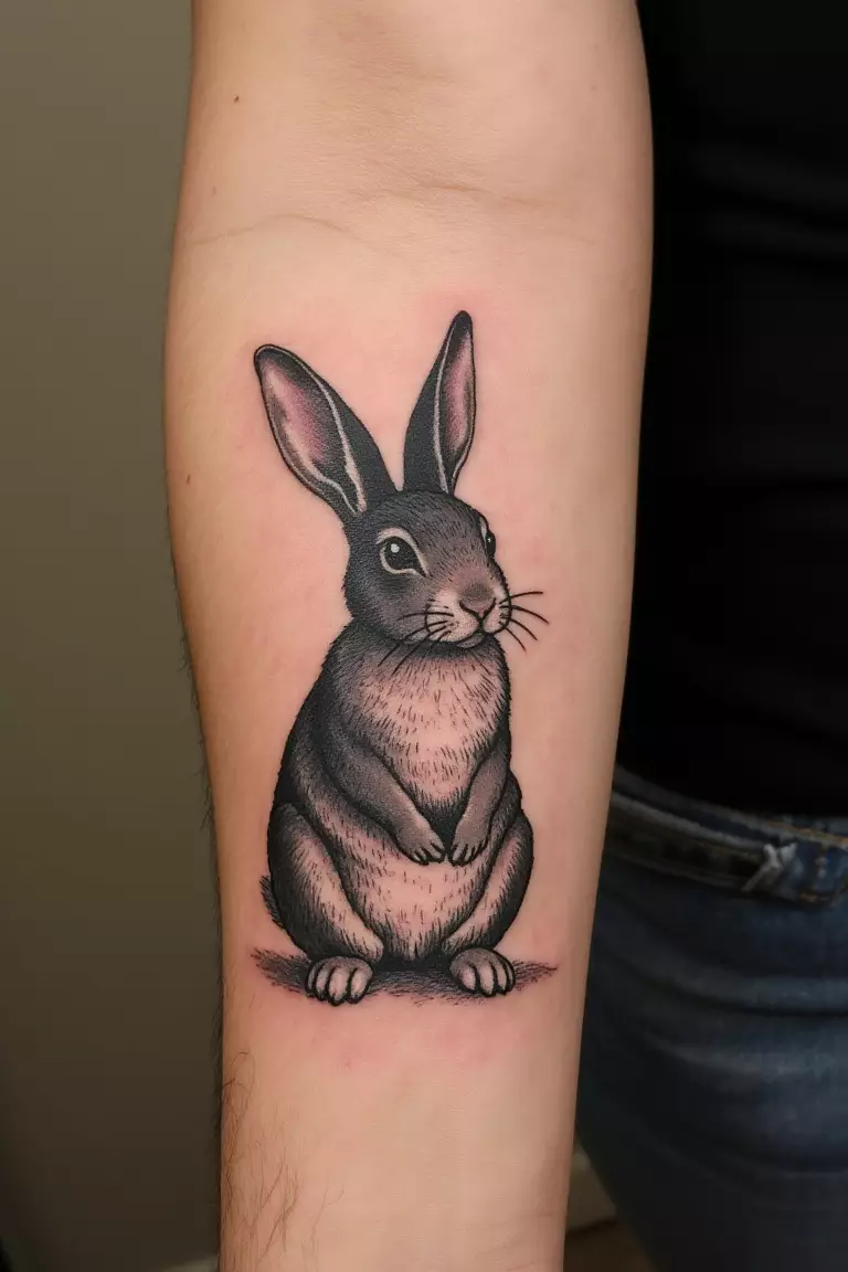 A close up shot of woman's arm with a black ink vintage-inspired bunny tattoo  