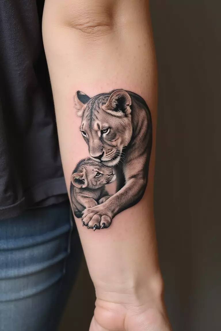 A close-up shot of a woman's arm with a black ink tattoo of a gentle lioness nuzzling her small cub.