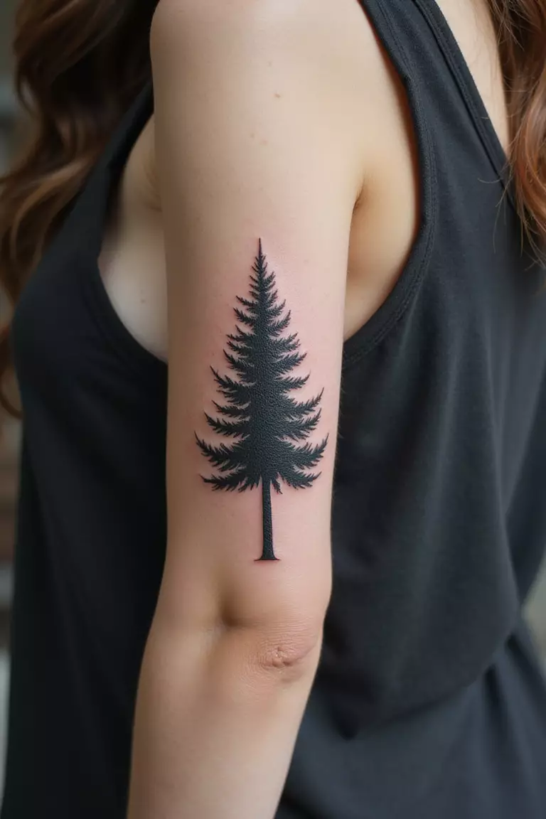 A close-up shot of a woman showing her black ink pine tree forest tattoo design on her arm