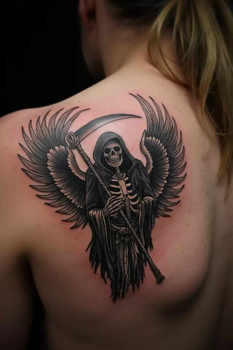 A close up shot of man's shoulder with a black ink grim reaper with skeletal wings tattoo  
