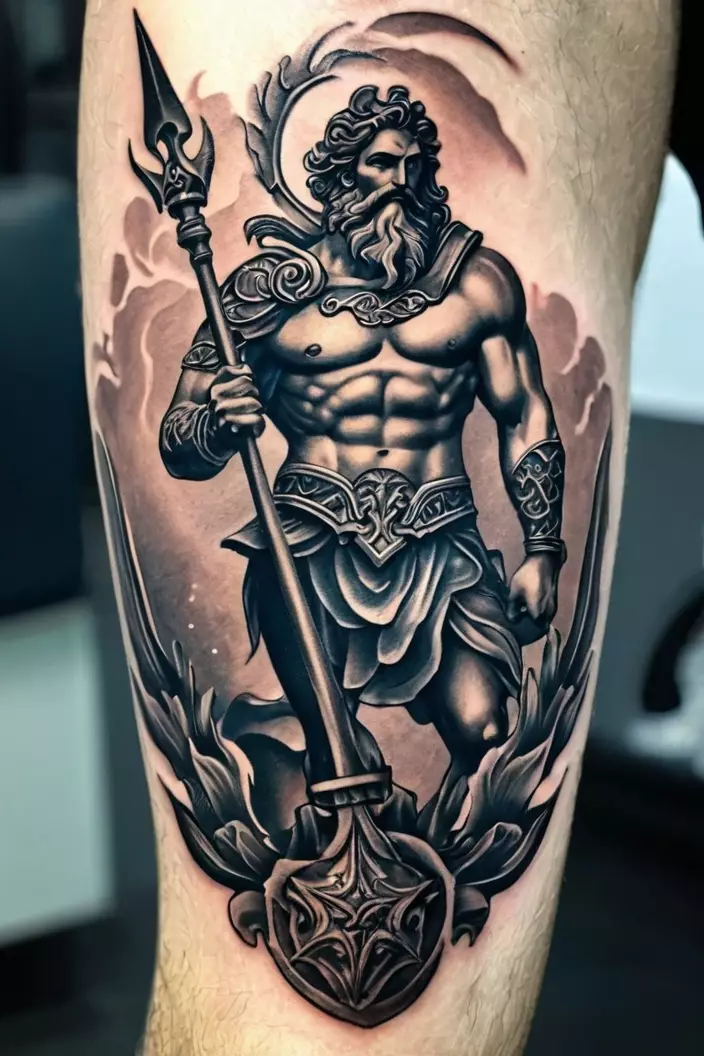 A photo of a man with a traditional Poseidon tattoo on his leg, intricately designed with Poseidon holding his trident.  