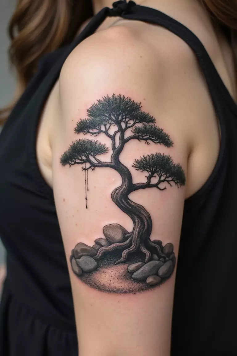 A close-up shot of a woman showing her black ink bonsai tree as part of a small Zen garden scene with rocks and raked sand tattoo design on her arm