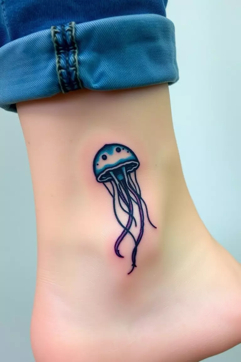 A close-up photo of a woman showing her small ankle jellyfish tattoo.  