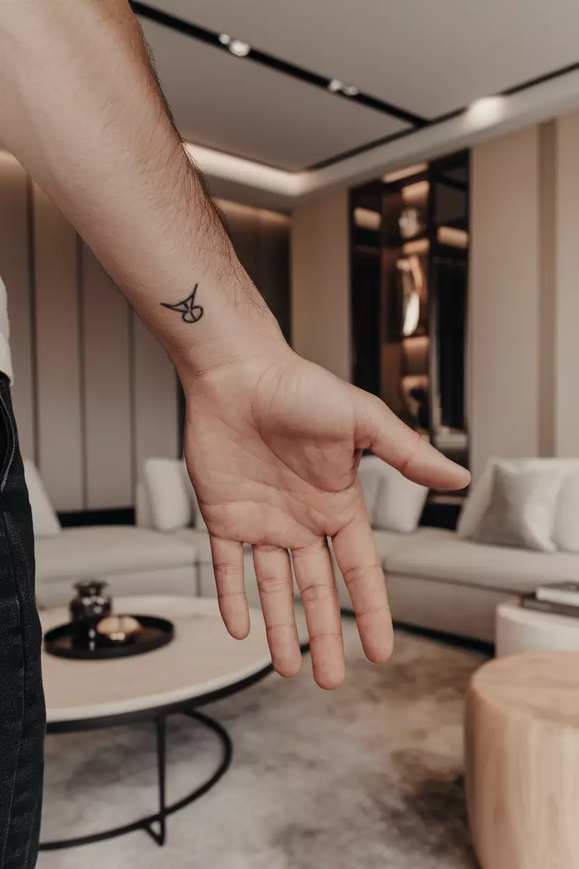 A close-up photo of a man showing his minimalist Taurus tattoo on the back of his hand, featuring a simple bull outline with the Taurus symbol, against a contemporary living room backdrop with neutral tones and elegant furnishings that highlight the simplicity of the design.