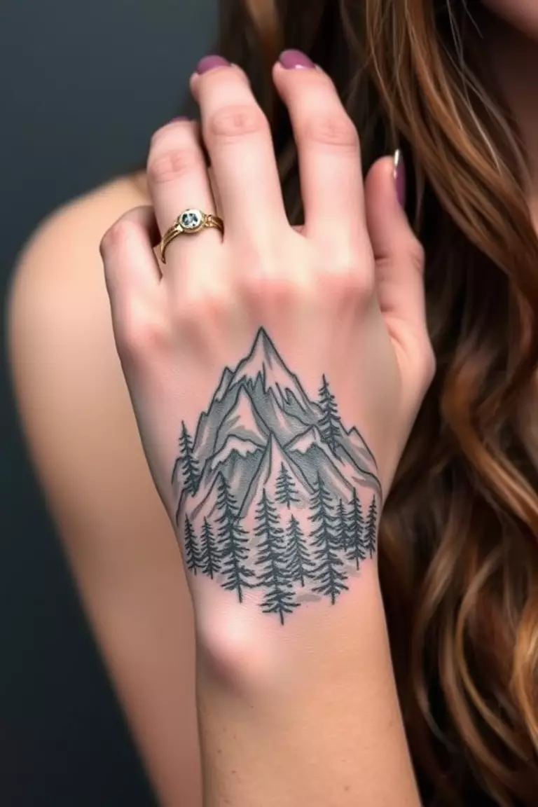 A photo of a woman with a detailed mountain hand tattoo wrapping around her fingers, incorporating natural elements.  
