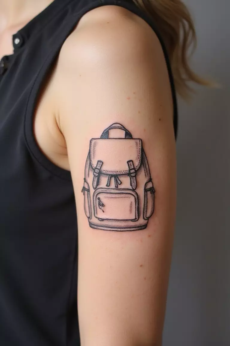 A close-up shot of a woman showing her black ink simple backpack outline tattoo design on her arm