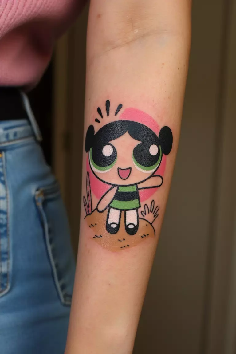 A close up shot of woman's arm with a black ink tattoo mixing Buttercup from The Powerpuff Girls with beach elements, nostalgic cartoon-inspired design.