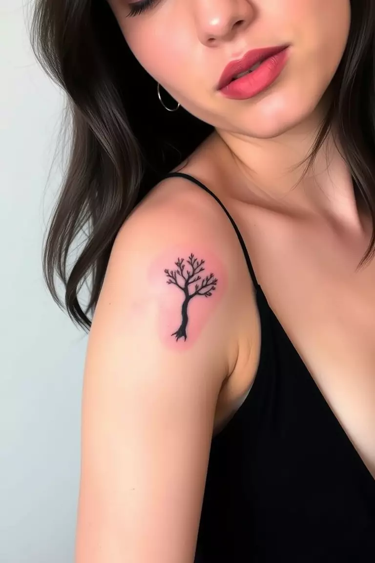 A photo of a woman with a small poison tree tattoo just above her elbow, subtly nestled on her arm.  