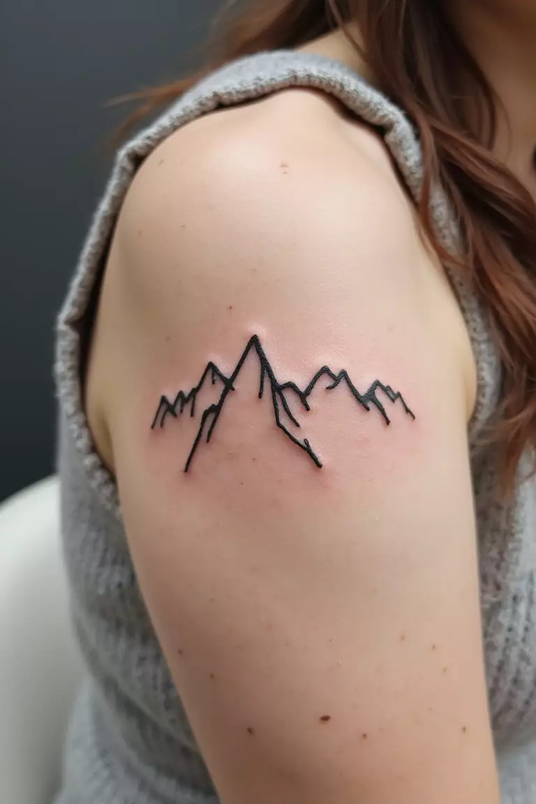 A close-up shot of a woman's arm with a black ink tattoo of a simple, fine-line mountain range outline.