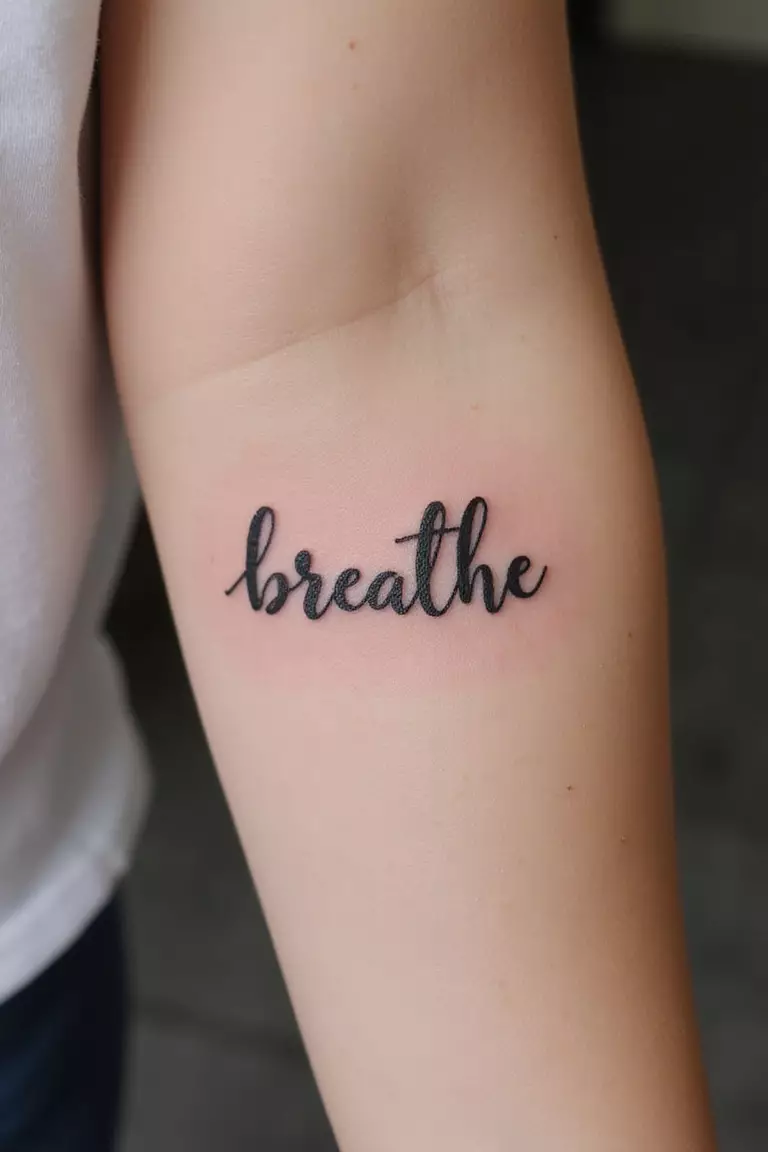 A close-up shot of a woman's arm with a black ink tattoo of the words 