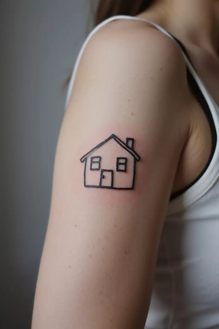 A close-up shot of a woman showing her black ink simple outline house tattoo on her arm.