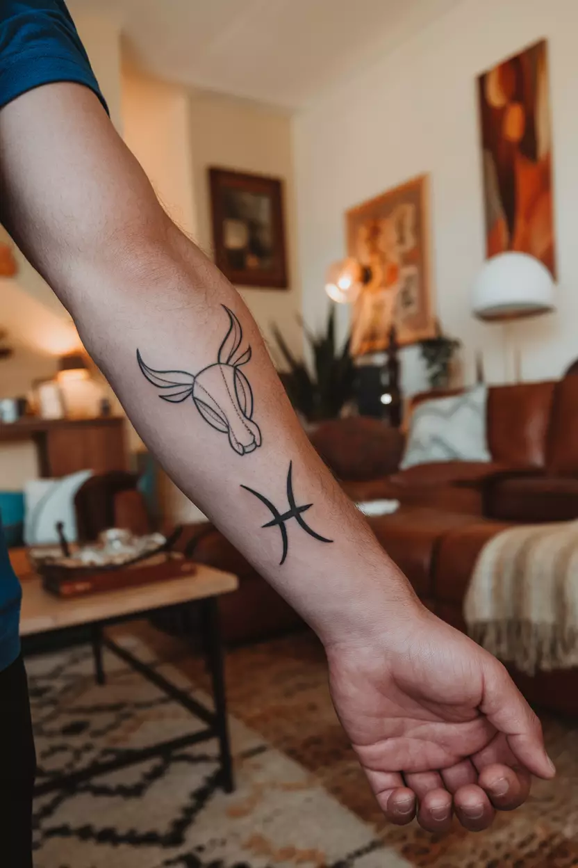 A close-up photo of a man showing his dual tattoo of Taurus and Pisces on his forearm, showcasing both symbols in harmony against the backdrop of a cozy living room filled with warm colors and inviting decor that reflects their complementary natures.