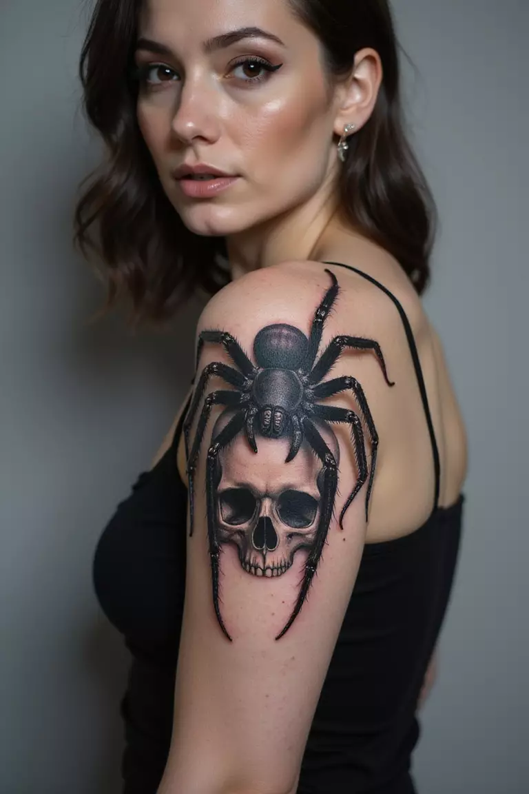 A close-up shot of a woman showing her black ink tarantula tattoo design crawling out of a human skull on her arm