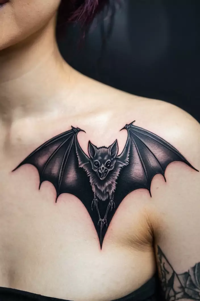 A close-up photo of a woman showing her blackwork vampire bat tattoo, bold and dark, on her shoulder.  