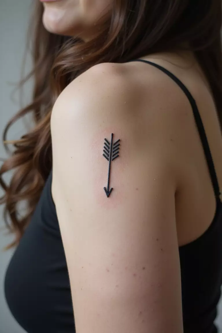 A close-up shot of a woman showing her black ink small simple arrow tattoo design on her arm