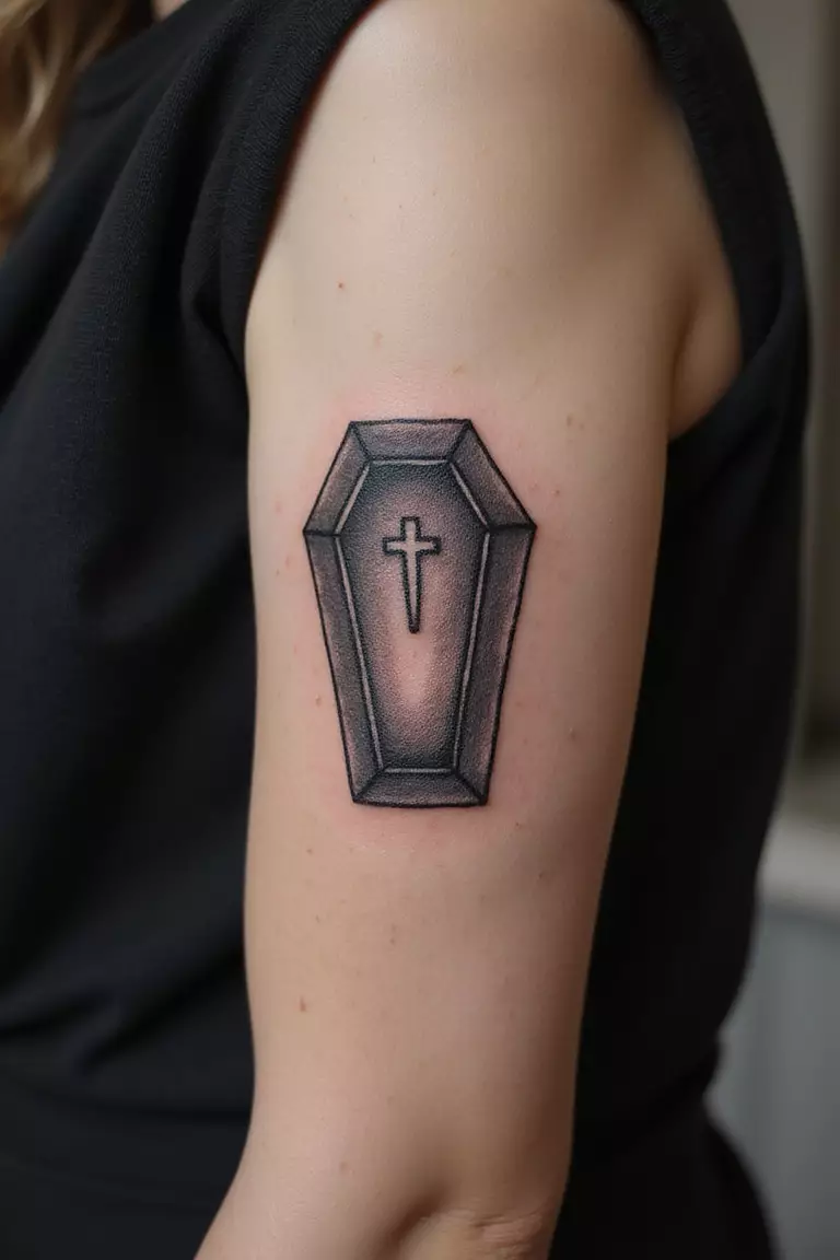 A close-up shot of a woman's arm with a black ink tattoo of a coffin.