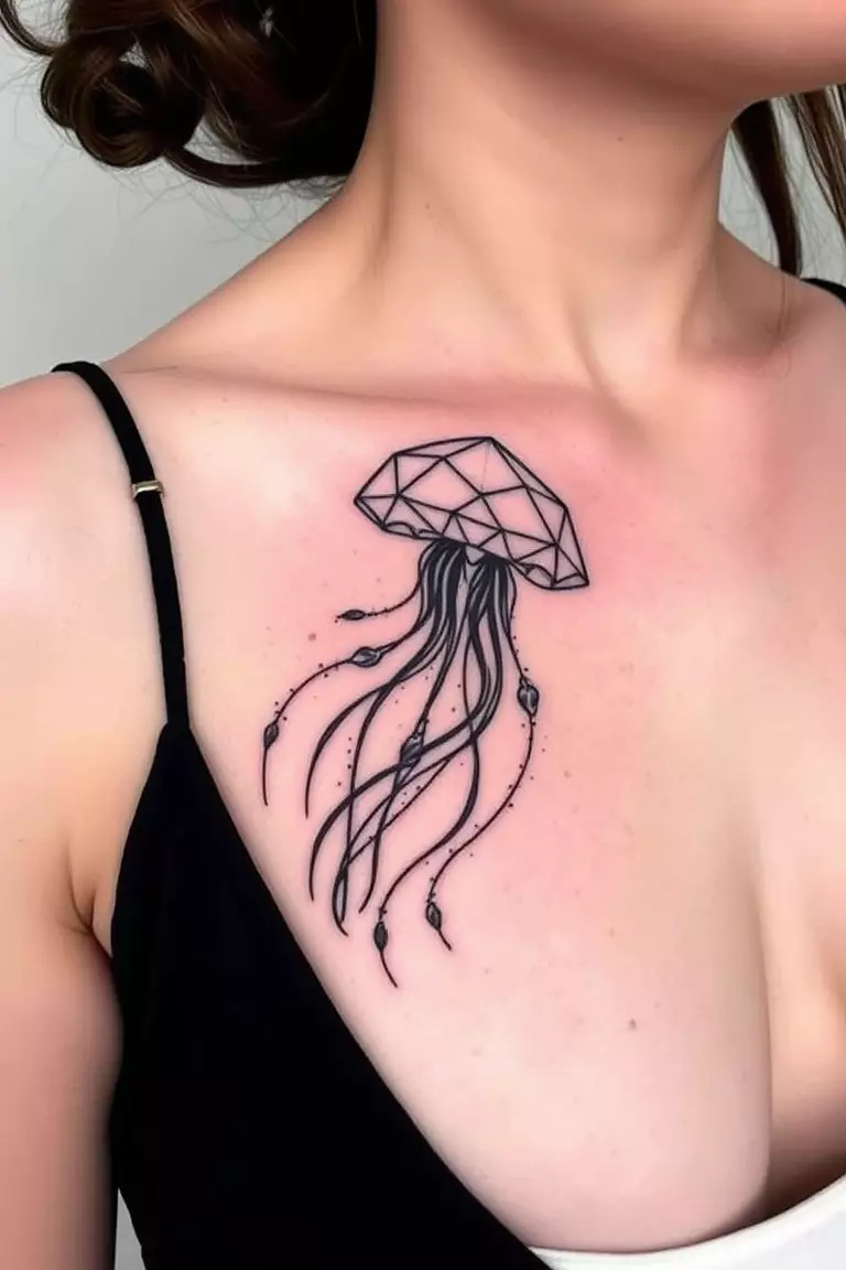A close-up photo of a woman showing her geometric jellyfish tattoo with shapes.  