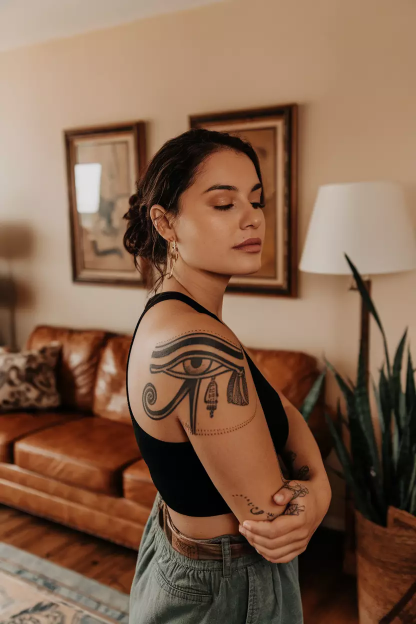 Eye of Horus Tattoo A photo of a woman with an Eye of Horus tattoo, living room background