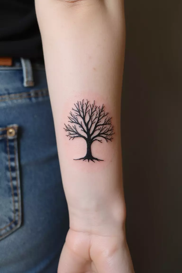Tree Silhouette A close-up shot of a woman's arm with a black ink tattoo of a simple silhouette of a bare tree.