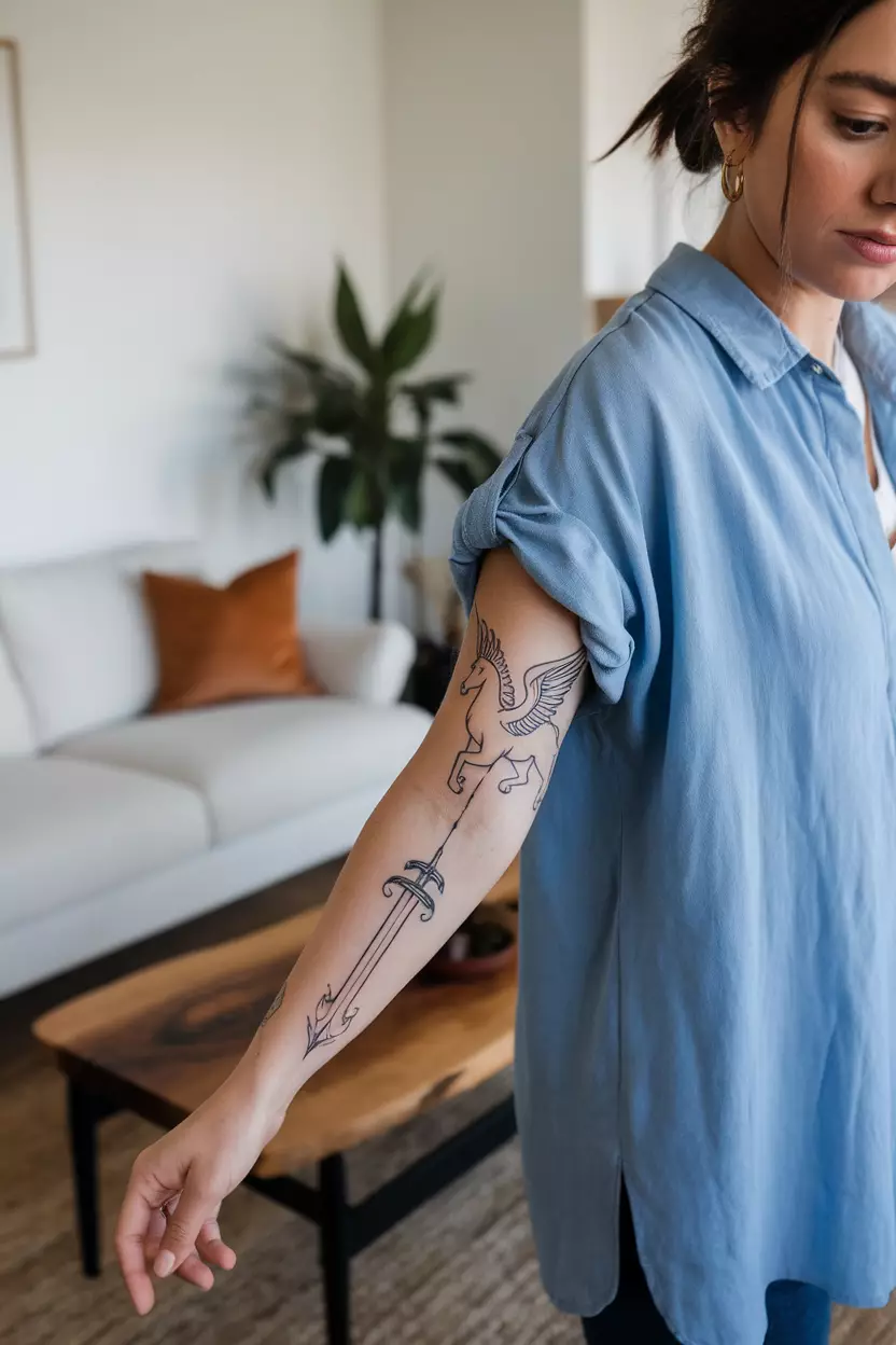 A photo of a woman with a winged horse and sword fineline forearm tattoo, living room background.